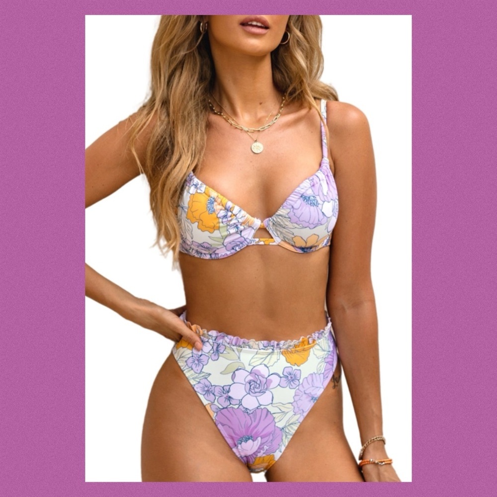 Soft purple and yellow two piece bikini. 7